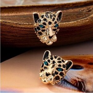 Gold Leopard Head Stud Earrings with Black Spots and Teal Eyes